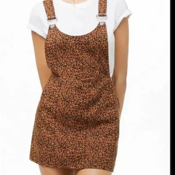 Forever 21 Brown Black Denim Leopard Print Overall Dress Size Medium - Picture 1 of 6